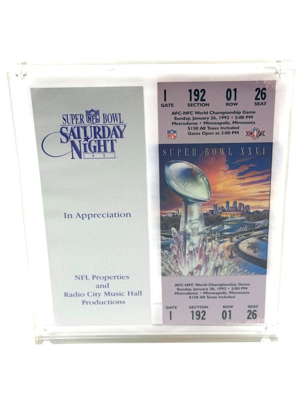 1992 Super Bowl XXVI Ticket Gate 1 Section 192 Row 1 Seat 26 Acrylic Case Unused